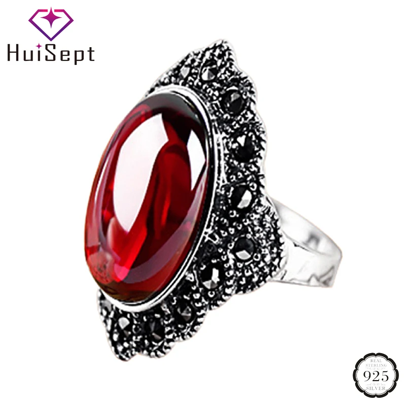 

HuiSept Vintage Silver Jewelry Ring Oval Shape Emerald Ruby Gemstone Open Rings for Female Wedding Party Banquet Gifts Wholesale