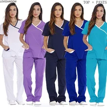 Женская мода Скраб Набор доктор медицинская Униформа для кормления с коротким рукавом v-образным вырезом Топ эластичный пояс и шнурок брюки