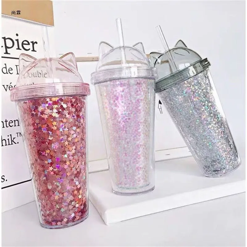 Kawaii Sequined Double Wall Cat Ears Bottle