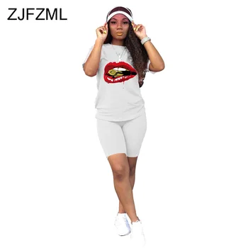 

Mouth Lip Print Two Piece Set Summer Clothes Fot Women O Neck Short Sleeve Top And Biker Shorts Casual Matching Set Club Outfits