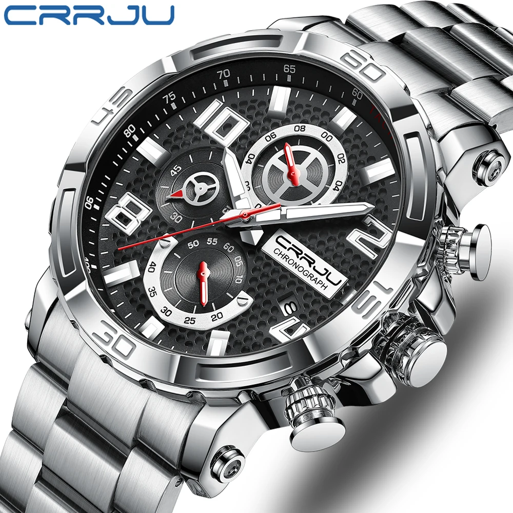 

CRRJU Men Watches Big Dial Waterproof Stainless Steel with Luminous handsDate Sport Chronograph Watches Relogio Masculino