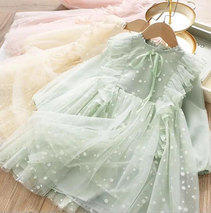 Г.; весеннее кружевное Сетчатое платье принцессы в горошек с оборками для девочек; детское модное милое платье; 5 шт/лот;