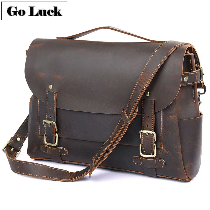 

GO-LUCK Brand Crazy Horse Genuine Leather 14' Top-handle Handbag Business Briefcase Men's Shoulder Bag Men Messenger Bags