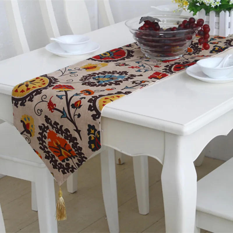 

Bohemian National Wind Style Cotton and Linen Table Runner Sun Flower Table Flag Dining Table Shoe Cabinet Tassels Table Cover