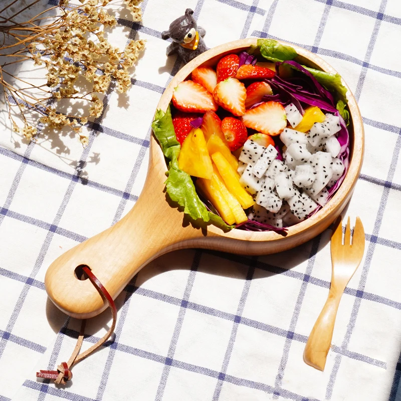 Japanese Style Long Handled Wooden Salad Bowl Wood Large Fruit Pickles Serving Bowl Plate Food Container Kitchen Wooden Utensils (2)