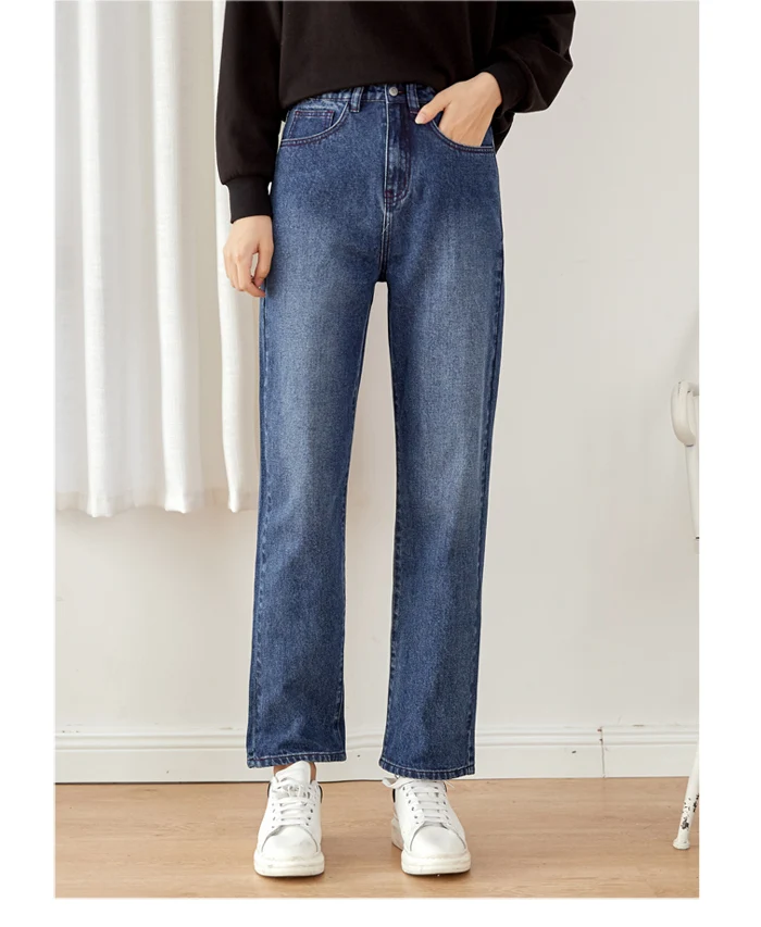 LEIJIJEANS, большой размер, Женская высокая талия, плюс бархат, большие длинные прямые джинсы, свободные, повседневные, темно-синего размера плюс, женские джинсы 9237R