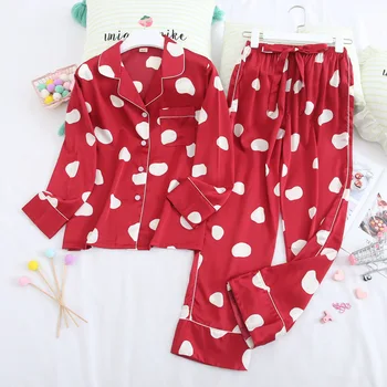 

Burgundy Print Women Pajamas Set Long Sleeve 2 PCS Shirt&Pant Female Stain 2PCS Sleepwear Nightwear Casual Home Clothes