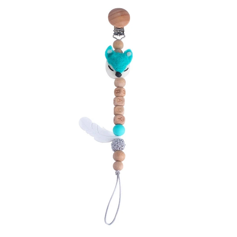 

Baby Wood Pacifier Clip Cartoon Animal Teething Chain Silicone Feather Teether 203E