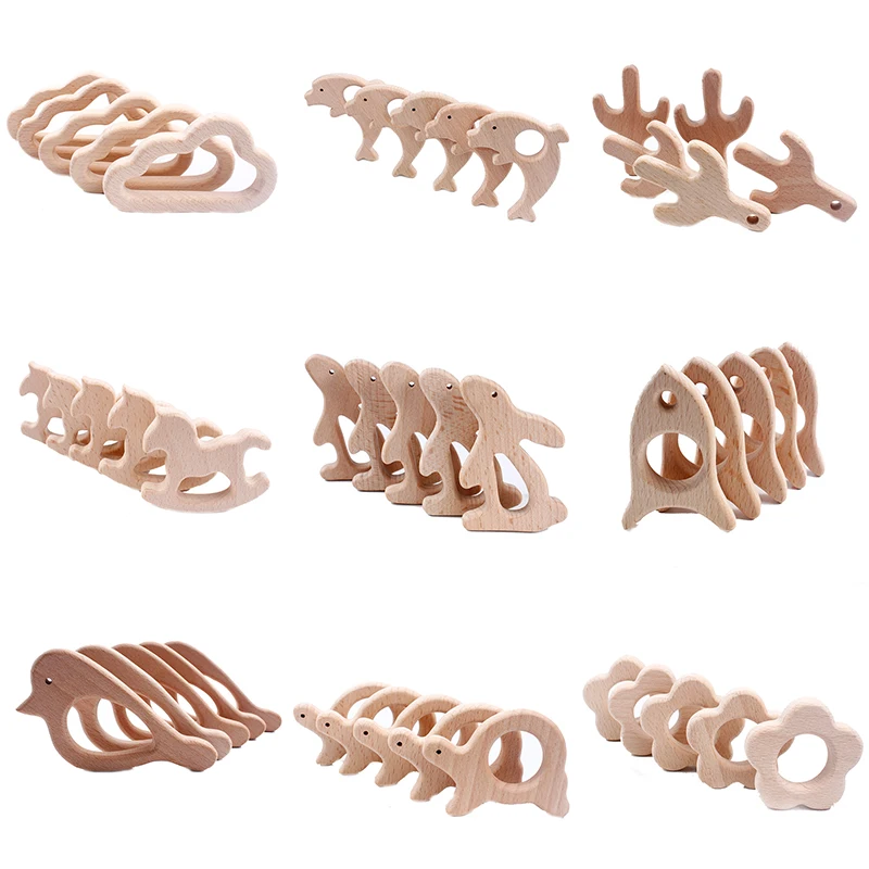 

5Pcs/Lot Baby Infant Animal Natural Beech Teething Wooden Beads Toy Baby Teether Gift Rattle Diy Wood Accessories
