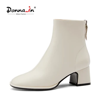 

Donna-in White Ankle boots Zipper Back Square Toe Thick Heel Autumn Women Genuine Leather Boots Designer Boots 2020 High Heels