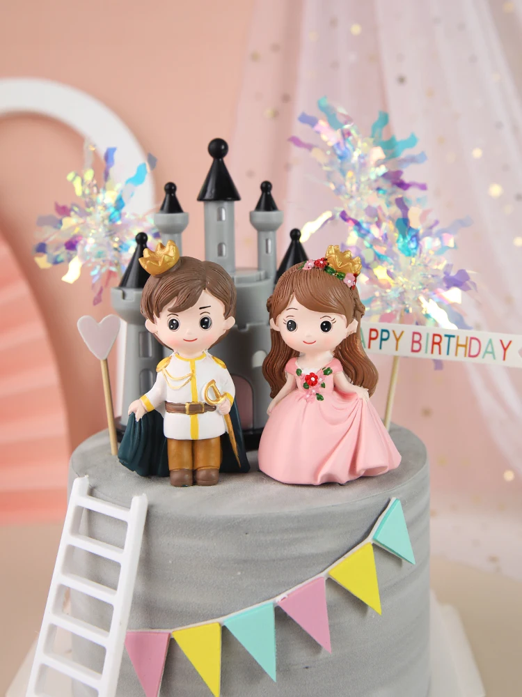 Cute Castle Princess Prince Resin Creative Crafts Cake Decorations Little Boy Girl Model Micro Landscape Cake Topper Decor