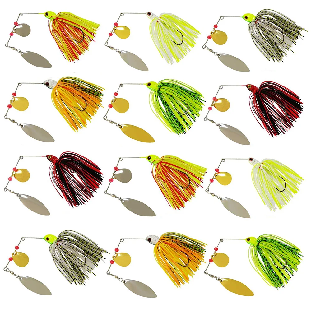 12Pcs Fishing Lures Spinnerbait Hard Metal Spinner Bait Jig Head Rubber Fishing Lure For Bass Pike Trout Freshwater Saltwater