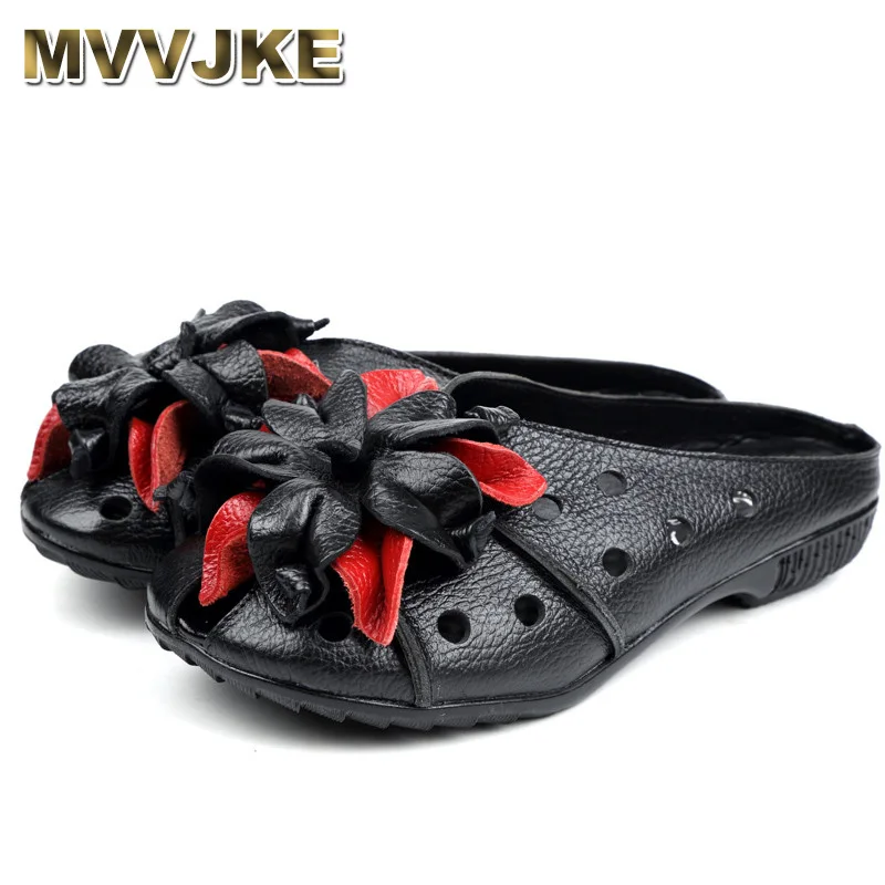 

MVVJKE Summer Women Sandals Fashion Soft Leather Genuine Hollow Out mother Flat shoes