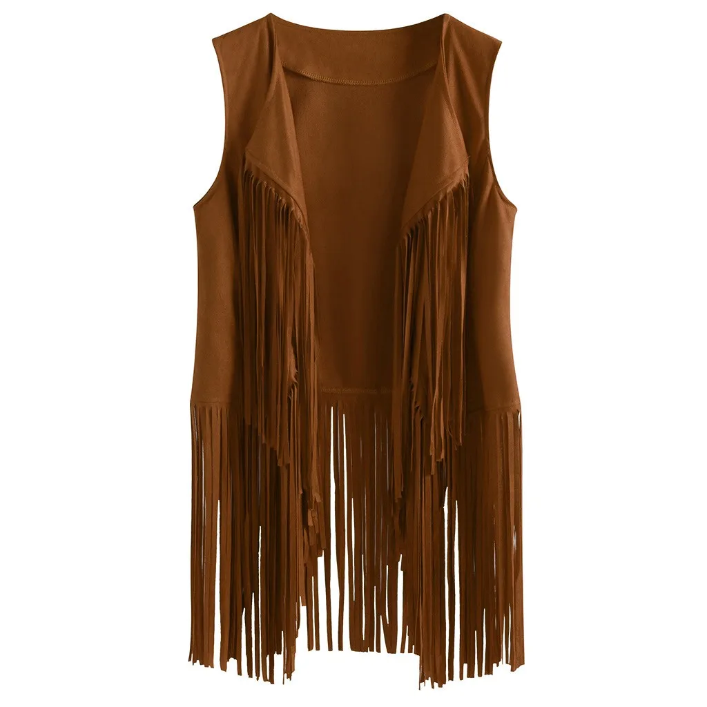 Women Autumn Winter Suede Ethnic Sleeveless Tassels Fringed Vest Cardigan - Цвет: Хаки