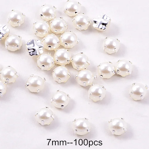 7mm--100pcs 5 мм-10 мм 100 шт белые жемчужные бусины для шитья Стразы с серебряными клешнями полукруглые жемчужины для свадебного платья Y3542 - Цвет: 7mm--100pcs