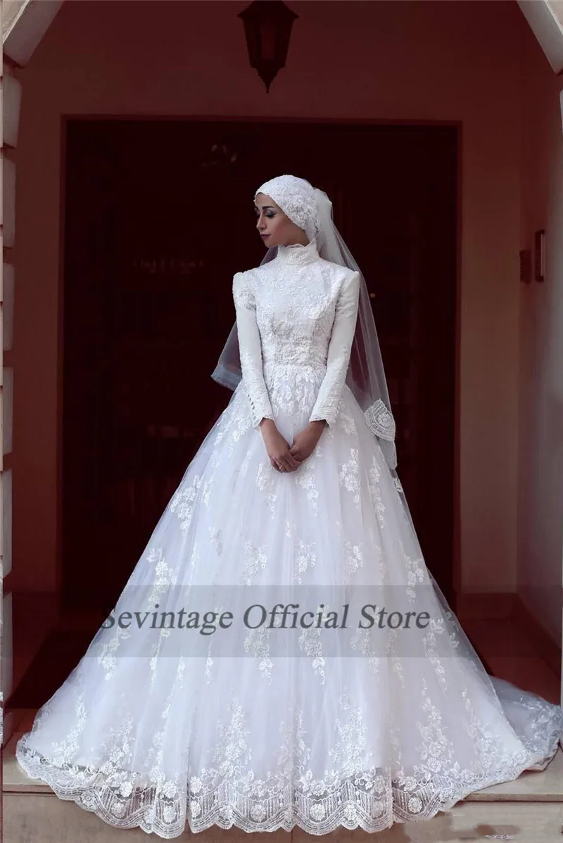 Sevintage мусульманские свадебные платья с высоким воротом и длинным рукавом Vestido De Noiva кружевные аппликации Arabia Свадебные платья со шлейфом