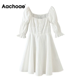 

Elegant A Line Mini Dress Women Fashion Puff Sleeve Buttons Solid Cotton Dress Ladies Square Collar Chic White Dresses 2020