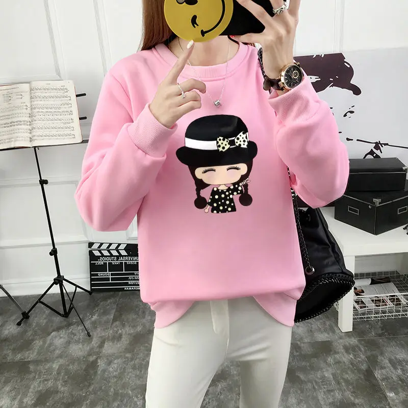 

Женский свитер весна-осень 2021, новый стиль, свободный утепленный однотонный пуловер с круглым вырезом и длинным рукавом, с мультяшным рисунком, рубашка