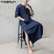 Мужские однотонные цветные халаты, пижамы, короткий рукав, v-образный вырез, модная удобная хлопковая Домашняя одежда, большие карманы, ночная рубашка, мужской Халат INCERUN