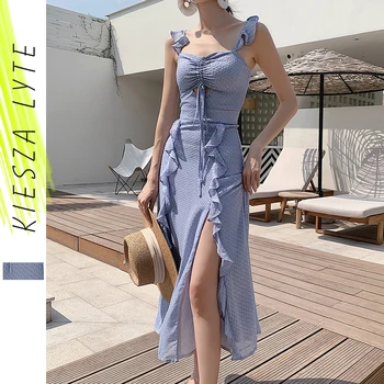 

Women Ruffle Irregular Dress 2020 Summer Boho Sexy Strap Hollow Out Drawstring Skinny Blue Slit Evening Party Dresses Vestidos