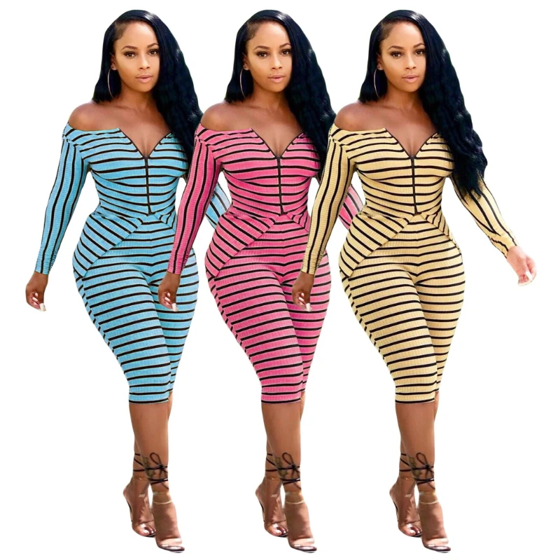 

Zipper Front Asymmetrical Cardigan Off Shoulder Knee Length Pants Sweat Suit Striped Printed Two Piece Set Bodycon Bodysuit Sexy