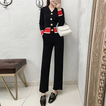 

2020 Spring Women Knitted Cardigans Pants 2 Pieces Sets Contrast Color Single Breasted V-neck Sweater Top + Wide Leg Pants Suits
