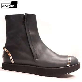 

Classic Retro Genuine Leather Boots Men Winter Black Double Zipper High Top Booties Top Quality Round Toe Cowboy Botas Masculina