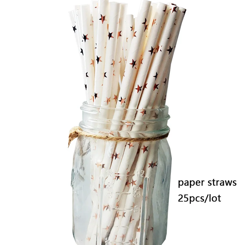 paper straws 25pcs Принадлежности для дня рождения, одноразовые столовые приборы, тарелки из розового золота, салфетки для стаканчиков для свадьбы, дня рождения, вечерние украшения - Цвет: paper straws 25pcs