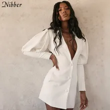 Nibber 가을 사무실 레이디 v-목 thicken 미니 드레스 2019 우아한 화이트-긴팔 스트리트 캐주얼 파티 슬림 bodycon 복장 mujer(China)