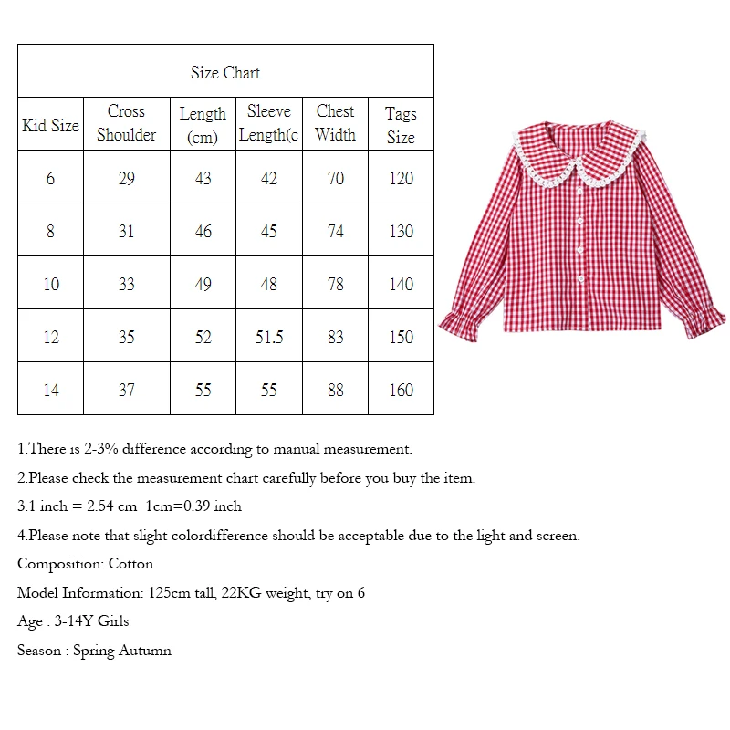 Клетчатая рубашка для девочек весенние топы с длинными рукавами года, хлопковые топы с оборками для девочек, блузки для подростков школьные рубашки для девочек 6, 8, 10, 12 лет