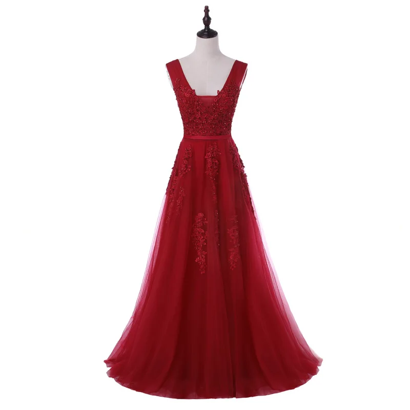 FADISTEE vestido de festa, милое Розовое Кружевное длинное вечернее платье с v-образным вырезом, вечерние платья невесты, сексуальные платья с открытой спиной и бусинами, платья для выпускного с жемчугом на шнуровке - Цвет: Burgundy