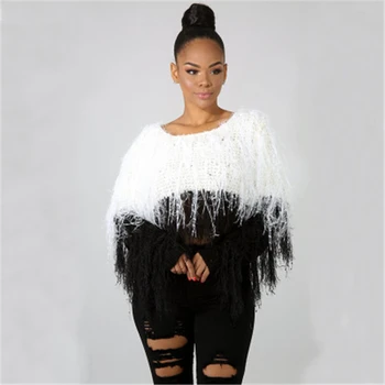 

2020 New Autumn And Winter Women Fashion Hit color Explosion Tassel Knitting Round neck Hedging Short High Quality Female Tops
