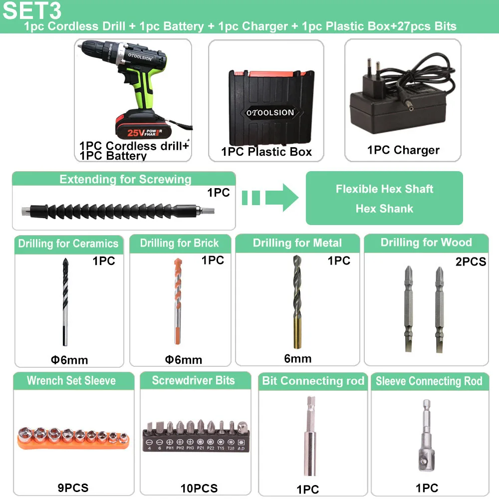 25 в шуруповерт электрическая дрель маленькая дрель Электроинструмент молоток Электроинструмент ударная Аккумуляторная дрель для сверла из стали дерево керамика - Цвет: SET3 (1 pc battery)