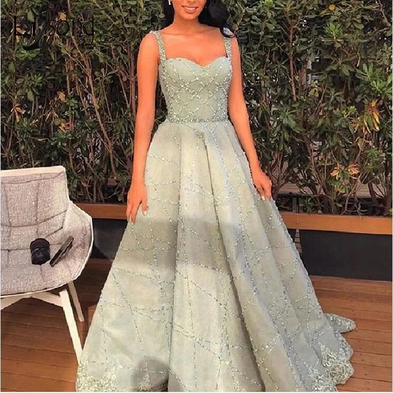 

Sparkle 2019 Beaded A-line Prom Dresses Elegant Mint Green Lace Long Prom Gowns Vintage Crystal Evening Gowns Abiye