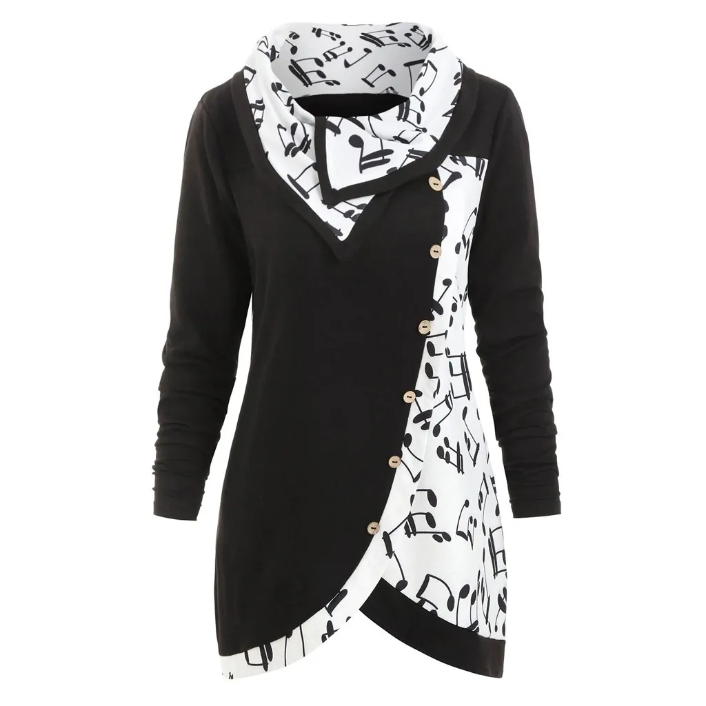 

Feitong Women Cowl Neck Musical Notes Turtleneck Tartan Tunic Sweatshirt Pullover Lady Tops Autumn Casual Sportswear