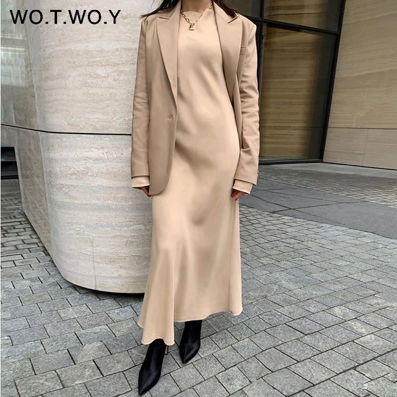 WOTWOY Elegant Long Sleeve Satin Dress Women Solid Mid-Long Loose Dresses Women Cotton Autumn Dress Woman Vestidos Femme Robe WOTWOY Elegant Long Sleeve Satin Dress Women Solid Mid-Long Loose Dresses Women Cotton Autumn Dress Woman Vestidos Femme Robe