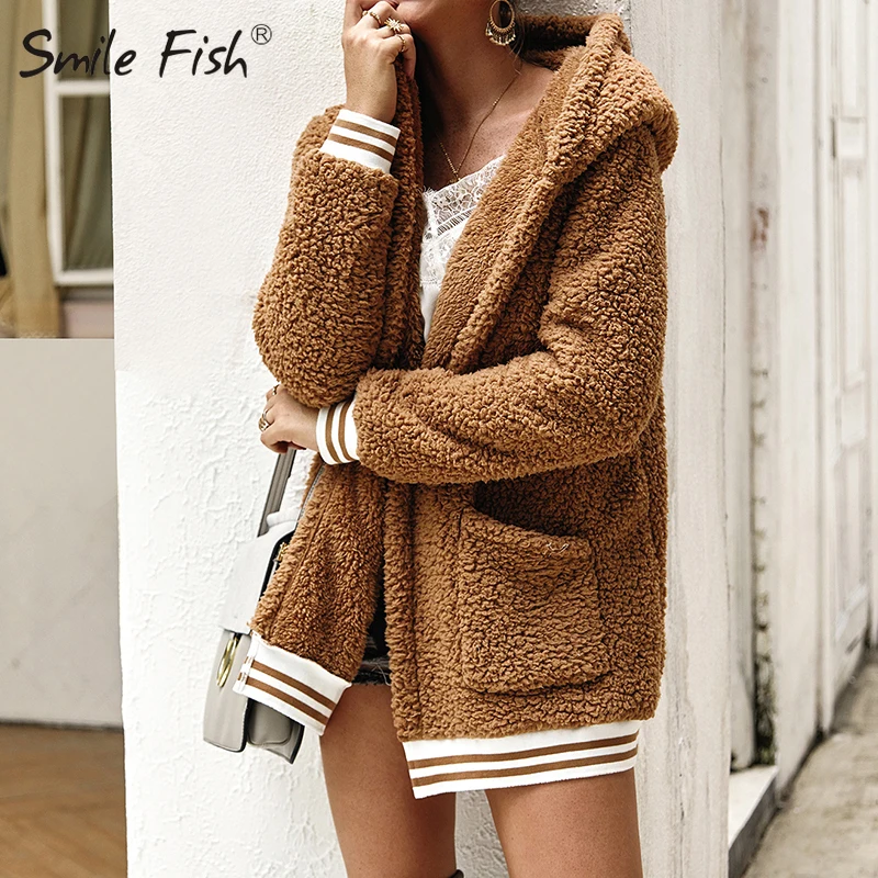 

Streetwear Hooded Hoody Jackets Women Long Blends Teddy Fur Autumn Overcoat Open Stitch Slim Lady Fleece Cardigan Pockets