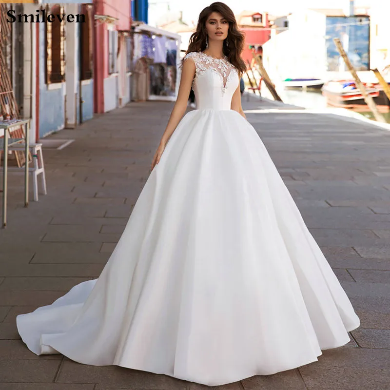 

Smileven Satin Princess Wedding Dresses Cap Sleeve A Line Lace Appliques Bride Dress Robe De Mariage Custom Made