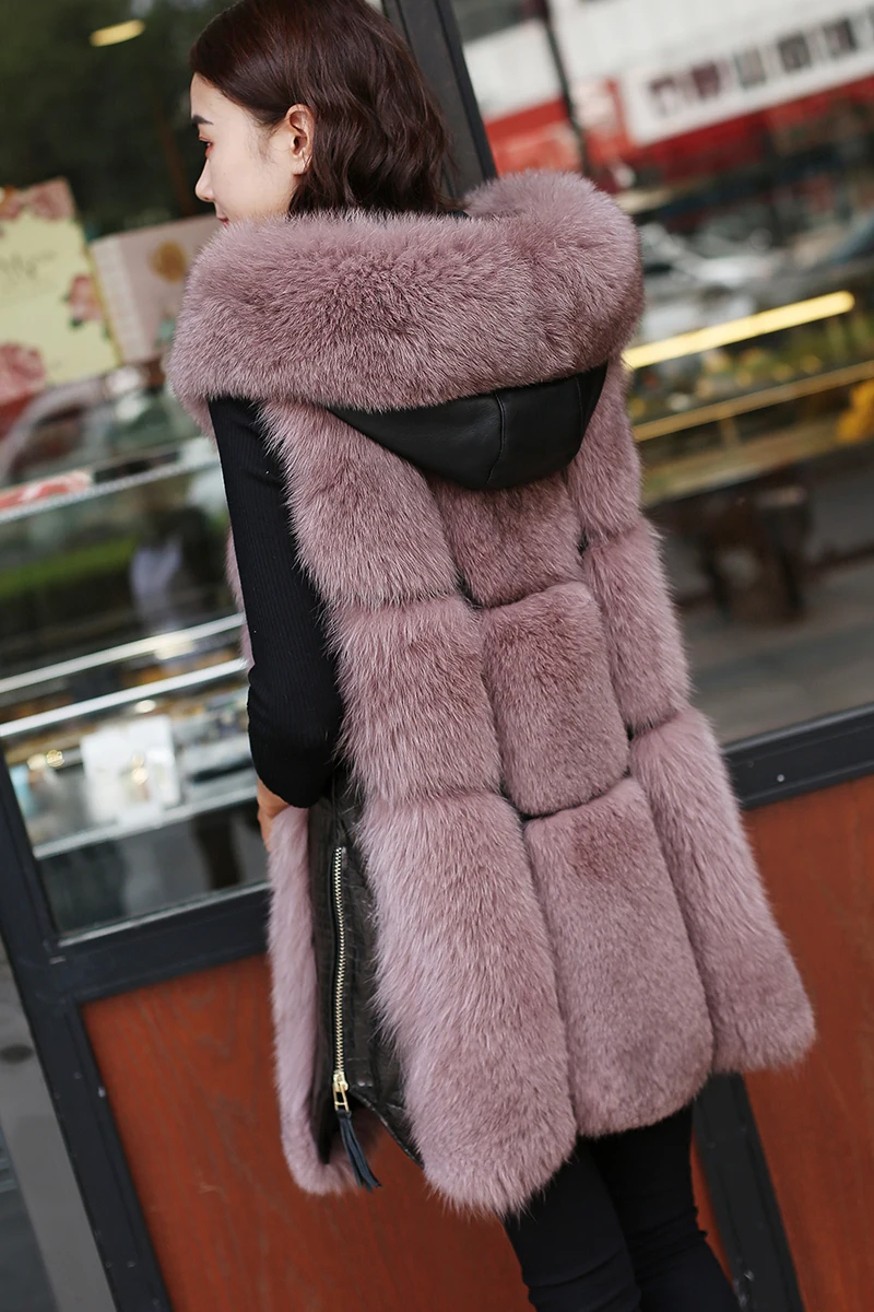 2020 Autumn and Winter Mid-Long Faux Fox Fur Vest for Women Female Sleeveless with Hood Jacket Luxury Outerwear A28 | Женская одежда