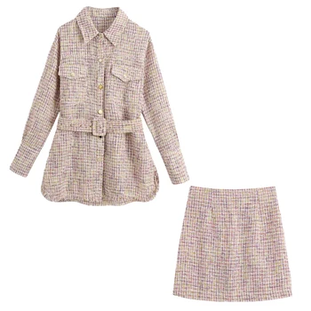 

2020 New Women Two Piece Set Buttoned Belt Tweed Jacket Coat & Tweed Mini Skirt High-waist Zip ensemble femme chandal mujer