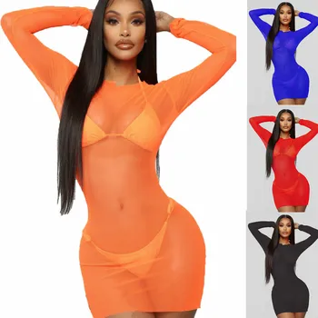 

Women Sexy Mini Dress Solid Color Long Sleeve Fishnet Bikini Cover Up Bathing Summer Beach Short Dress Ladies Swimwear Suit