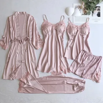 

Ladies summer pyjamas, ice silk five-piece set of suspenders + shorts home wear, thin style with chest pad nightdress