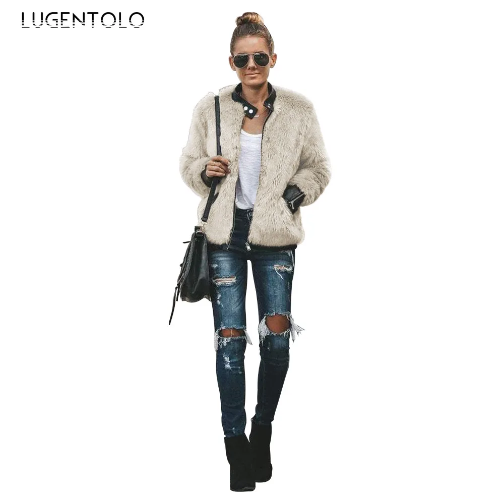 Lugentolo, женское короткое пальто, модное, зимнее, сшитое, меховое, все-в-одном, теплый, плюшевый, на молнии, кардиган, повседневное, свободное, кроличий мех, тренд, пальто
