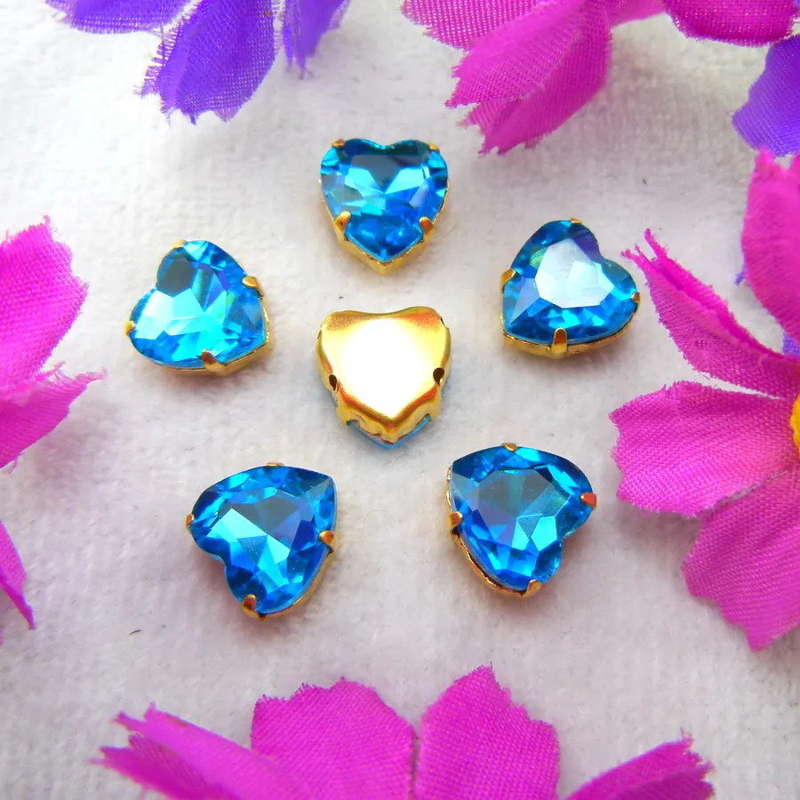 8mm-27mm 하트 모양 7 크기 Cordiform 크리스탈 골드베이스 클로 설정 다채로운 플랫 백 DIY 매력 라인 석 바느질 비즈에 바느질