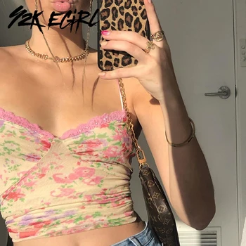 

Y2K EGIRL Fashion Mesh Spaghetti Strap Cross Lace Camis Tops Sweet 90s V-neck Backless Floral Cropped Tops Vintage Transparens