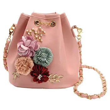 

Handmade Flowers Bucket Bags Mini Shoulder Bags With Chain Drawstring Small Cross Body Bags Pearl Bags Leaves Decals Pink