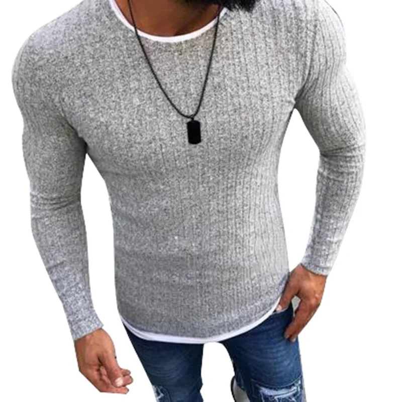 WENYUJH мужской осенний сексуальный обтягивающий свитер, однотонный вязаный пуловер, тонкий свитер с круглым вырезом, тонкий свитер, пуловеры размера плюс 5XL - Цвет: gray