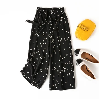 

REAL SILK Wide Leg pants for women black loose high waist ladies trousers Pull On summer Calf Length Stars print with Belt
