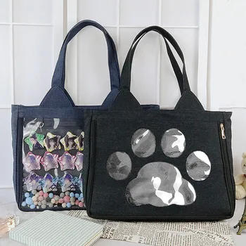 

Lolita transparent handbag japan style jelly bag high capacity comic shoulder bag denim cat paw zipper bags for women trend new
