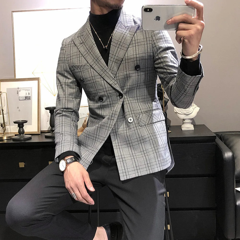 Men‘s Blazers Suit Jacket Plaid Smart Casual Solid Slim Fit Clothing Modis 3XL Double Breasted Male Blazers Men Suit Jackets